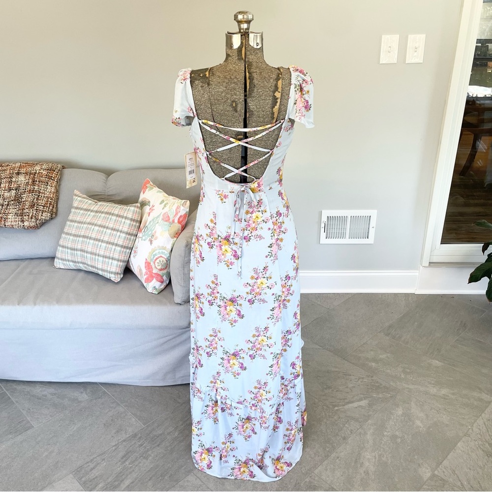 XS. S blue, pink and yellow floral print bohemian backless highlow dress - Picture 3 of 10